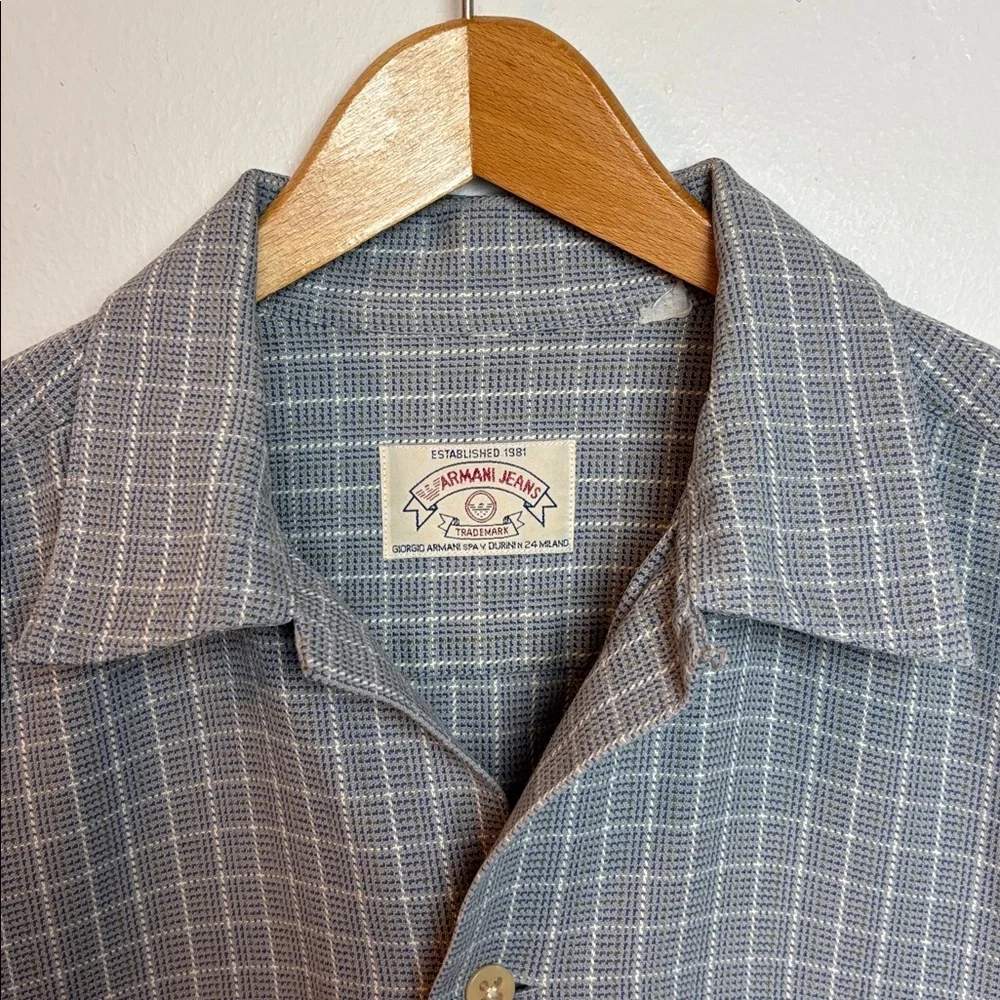 VTG Armani Jeans Men’s Gray Checkered Long Sleeve Button Up Shirt‎ Medium